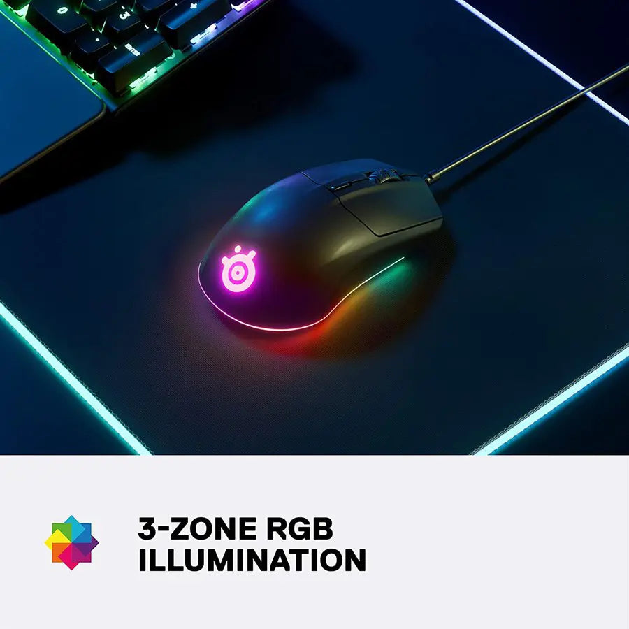 SteelSeries Rival 3 Gaming Mouse, TrueMove Core Optical Sensor 8500 CPI 300 IPS 35g, 60 Million Click Mechanical Switches, 3-Zone Prism Lighting, Wired, Black, 62513