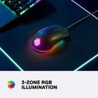SteelSeries Rival 3 Gaming Mouse, TrueMove Core Optical Sensor 8500 CPI 300 IPS 35g, 60 Million Click Mechanical Switches, 3-Zone Prism Lighting, Wired, Black, 62513