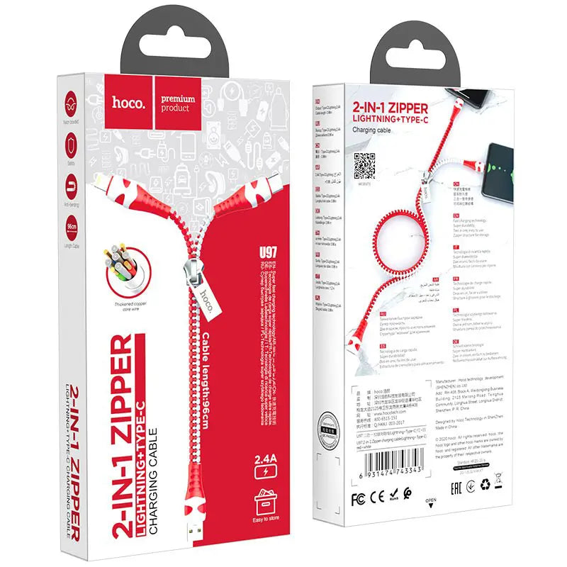 Hoco U97 Zipper Cable 2-in-1 USB to Lightning / Type-C - Red White