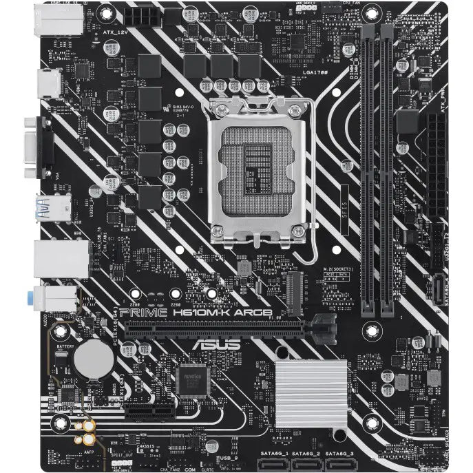 Asus Prime H610M-K ARGB Micro-ATX Motherboard, Intel H610 LGA1700, DDR5, PCIe 4.0, 32Gbps M.2, Realtek 1Gb Ethernet, HDMI and VGA, USB 3.2 Gen 1, SATA 6Gbps, Aura Sync