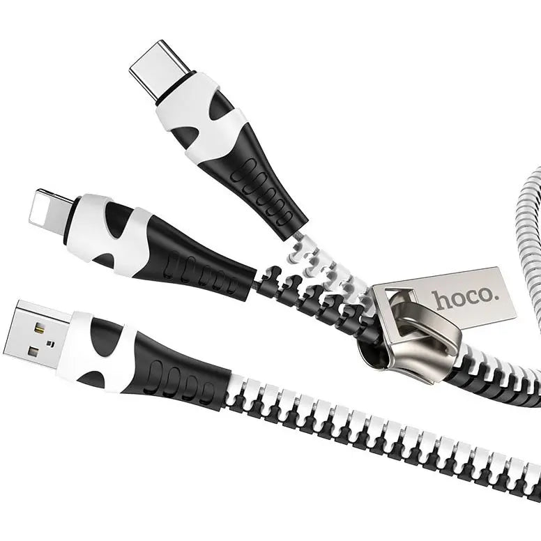 Hoco U97 Zipper Cable 2-in-1 USB to Lightning / Type-C - Black White
