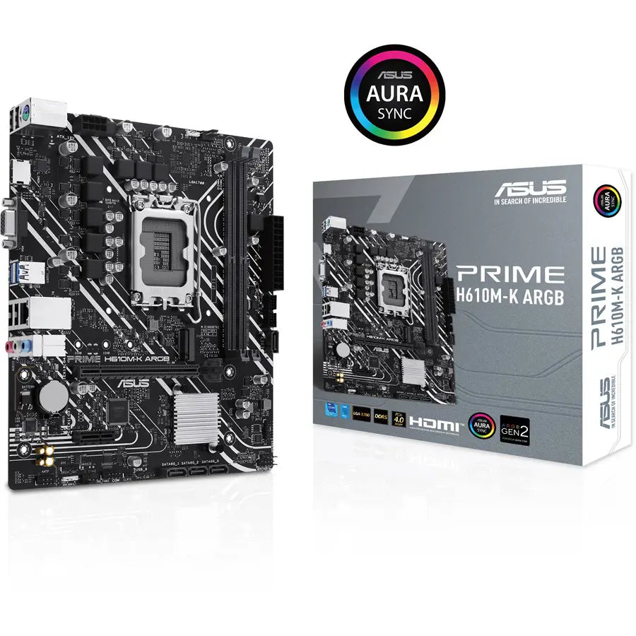 Asus Prime H610M-K ARGB Micro-ATX Motherboard, Intel H610 LGA1700, DDR5, PCIe 4.0, 32Gbps M.2, Realtek 1Gb Ethernet, HDMI and VGA, USB 3.2 Gen 1, SATA 6Gbps, Aura Sync