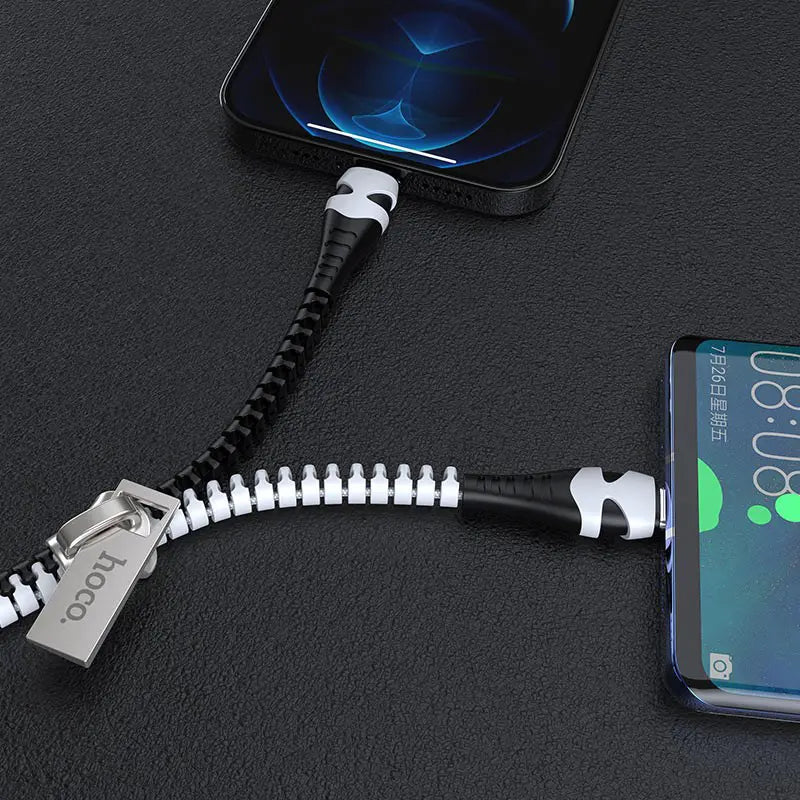 Hoco U97 Zipper Cable 2-in-1 USB to Lightning / Type-C - Black White