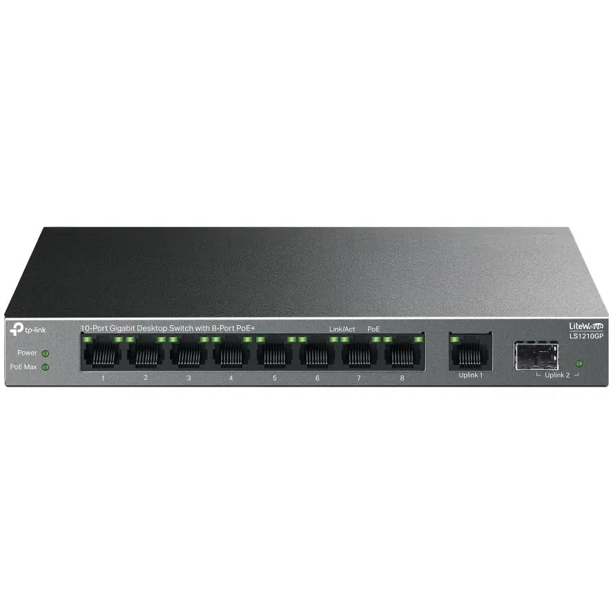 TP-Link LS1210GP 10-Port Gigabit Desktop Switch, 8-Port PoE+ 61W, 9x RJ45 and 1x SFP