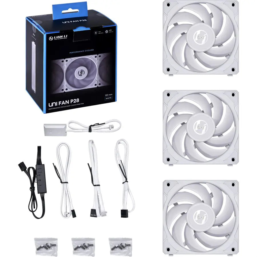 Lian Li UNI Fan P28 120mm Daisy-Chain PWM Case Fan with Controller | White - UF-P28120-3W, 3-Pack | Noise-Optimized | Performance-Oriented Fan