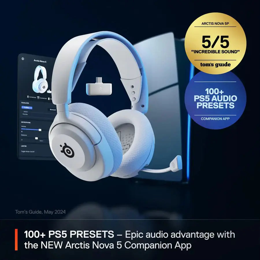 SteelSeries Arctis Nova 5P Wireless Gaming Headset for PS5, PS4 - White 61674 - Surround 7.1