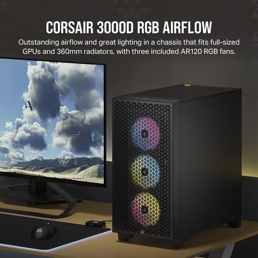 Corsair 3000D RGB AIRFLOW Mid-Tower PC Case - Black - CC-9011255-WW - Includes 3x AR120 RGB Fans