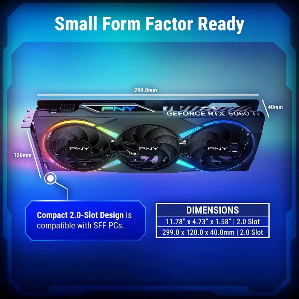 PNY NVIDIA GeForce RTX 5060 Ti Epic-X ARGB OC Triple Fan Graphics Card, 16GB GDDR7, 128-Bit, Boost 2692MHz, PCIe 5.0, HDMI and DP 2.1, 2-Slot, SFF-Ready, VCG5060T16TFXXPB1-O