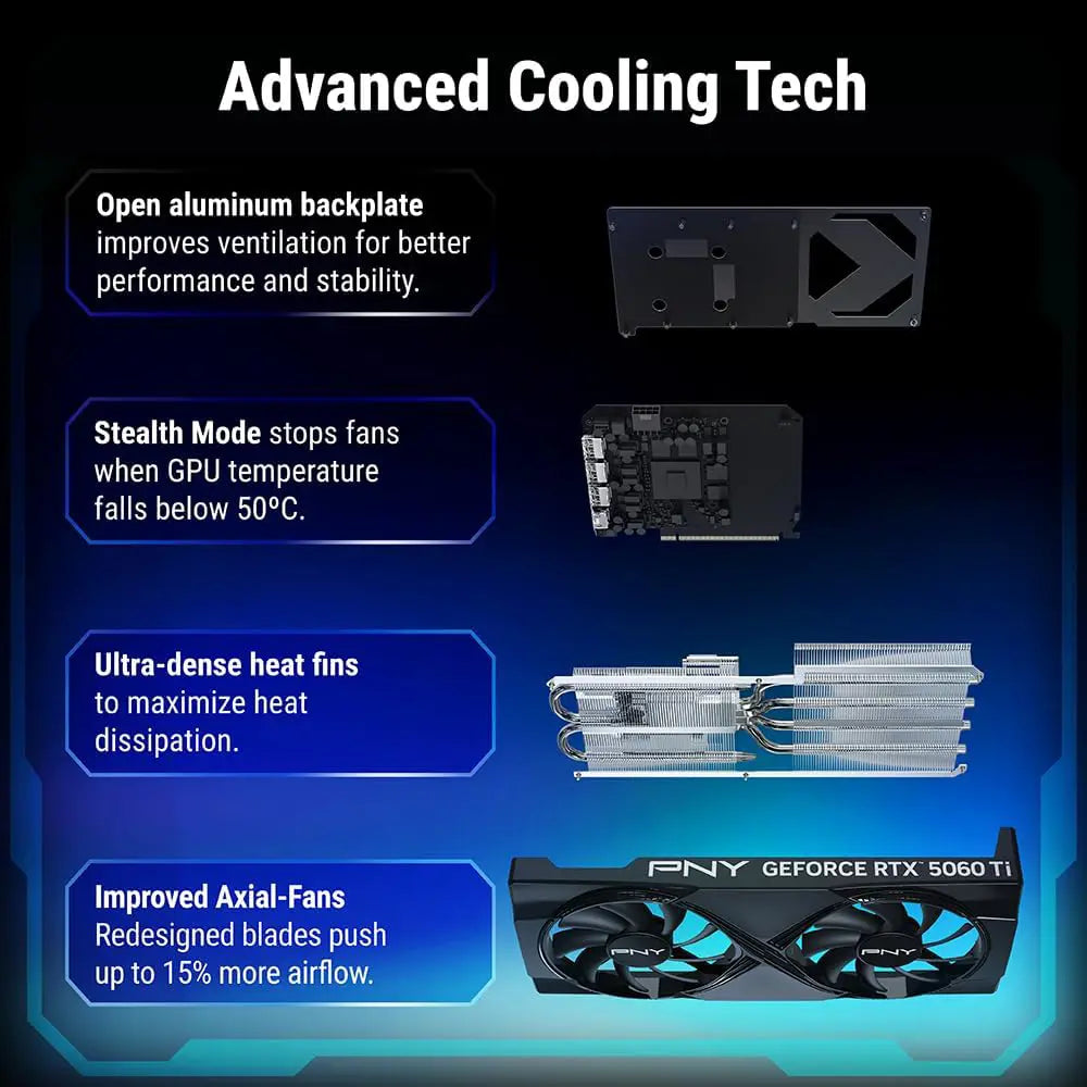 PNY NVIDIA GeForce RTX 5060 Ti OC Dual Fan Graphics Card, 16GB GDDR7, 128-Bit, Boost 2692MHz, PCIe 5.0, HDMI and DP 2.1, 2-Slot, VCG5060T16DFXPB1-O