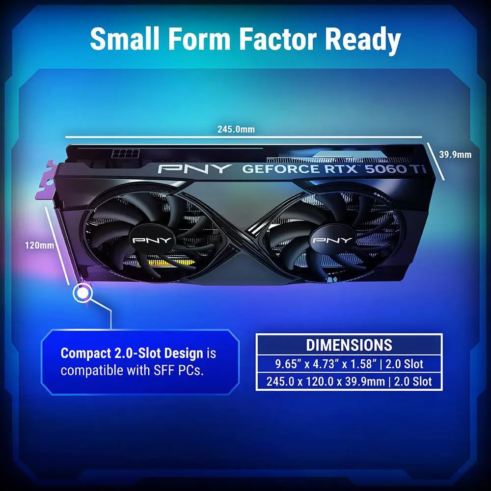 PNY NVIDIA GeForce RTX 5060 Ti OC Dual Fan Graphics Card, 16GB GDDR7, 128-Bit, Boost 2692MHz, PCIe 5.0, HDMI and DP 2.1, 2-Slot, VCG5060T16DFXPB1-O