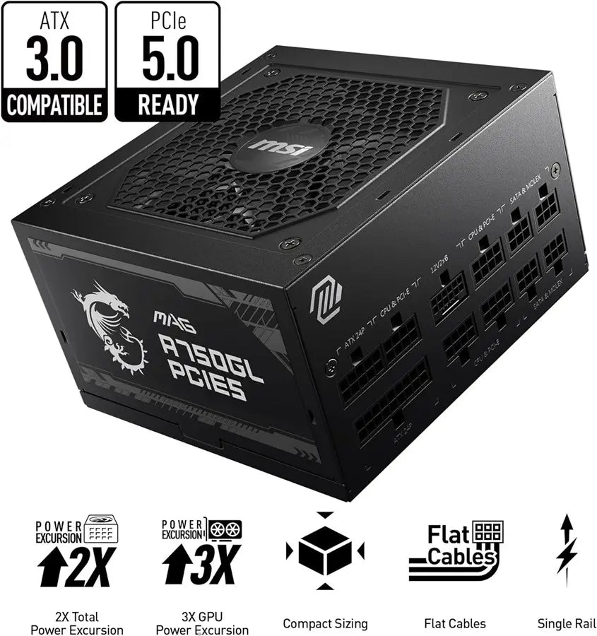MSI MAG A750GL PCIE5 ATX 3.0 Gaming Power Supply 80 Plus Gold Certified Full Modular 750W