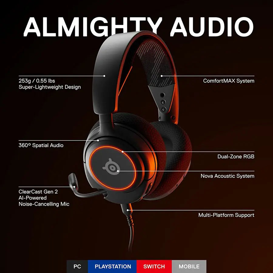 SteelSeries Arctis Nova 3 Wired Multi-Platform Gaming Headset | 61631 - Black - Retractable Mic - RGB Lights