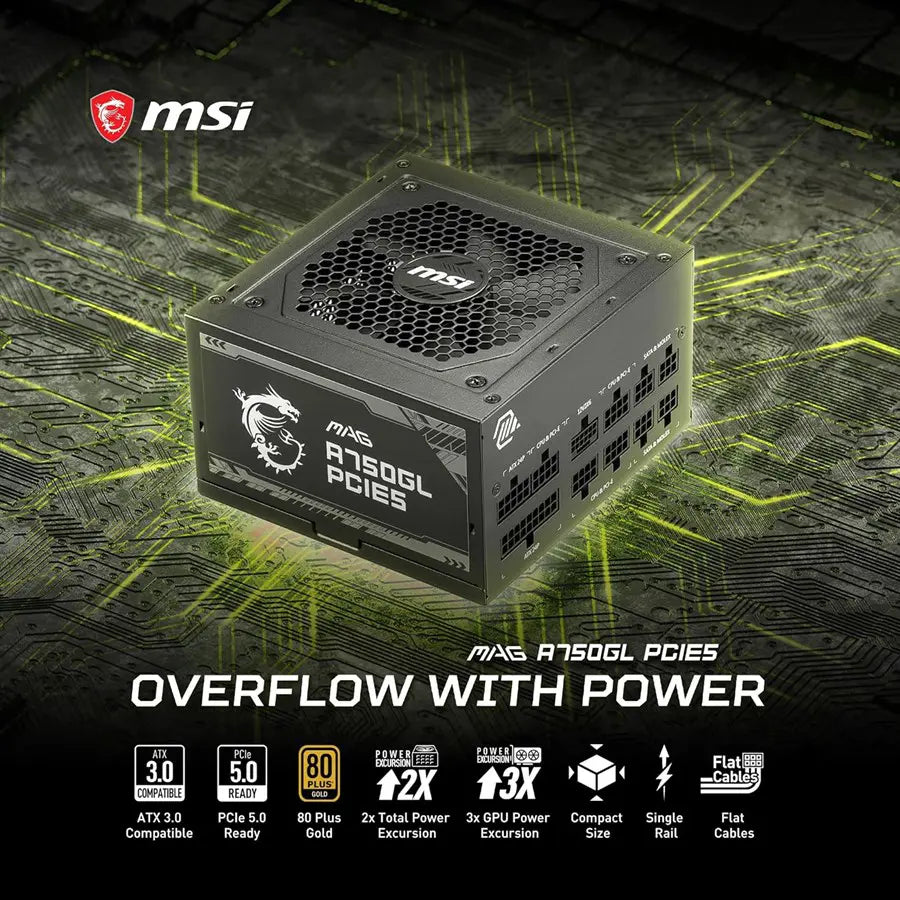 MSI MAG A750GL PCIE5 ATX 3.0 Gaming Power Supply 80 Plus Gold Certified Full Modular 750W