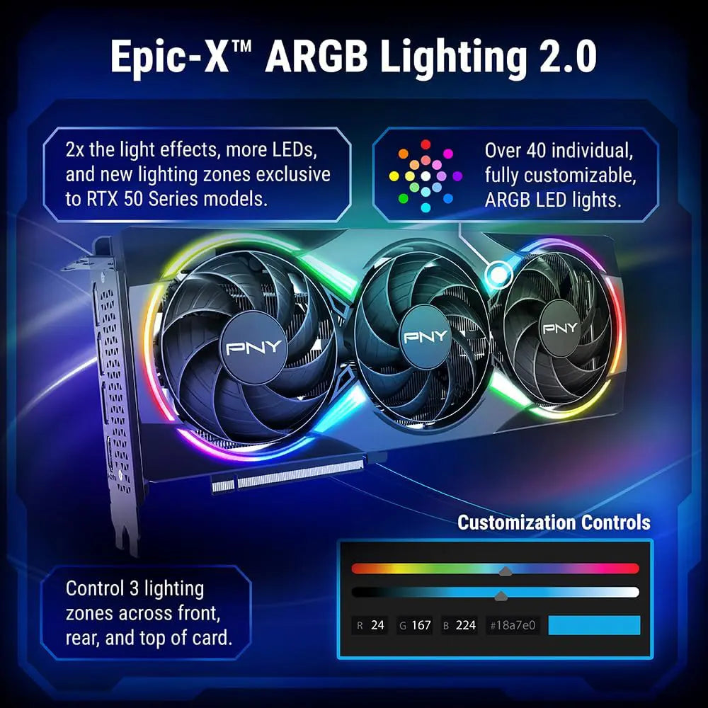 PNY NVIDIA GeForce RTX 5060 Ti Epic-X ARGB OC Triple Fan Graphics Card, 16GB GDDR7, 128-Bit, Boost 2692MHz, PCIe 5.0, HDMI and DP 2.1, 2-Slot, SFF-Ready, VCG5060T16TFXXPB1-O