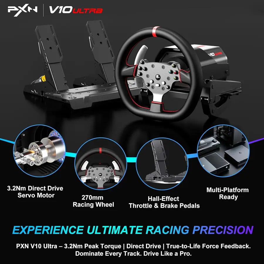 PXN V10 Ultra Racing Steering Wheel, 3.2Nm Direct Drive Servo Motor, Detachable 270mm Wheel Rim, PC PS4 Xbox One Xbox Series X|S