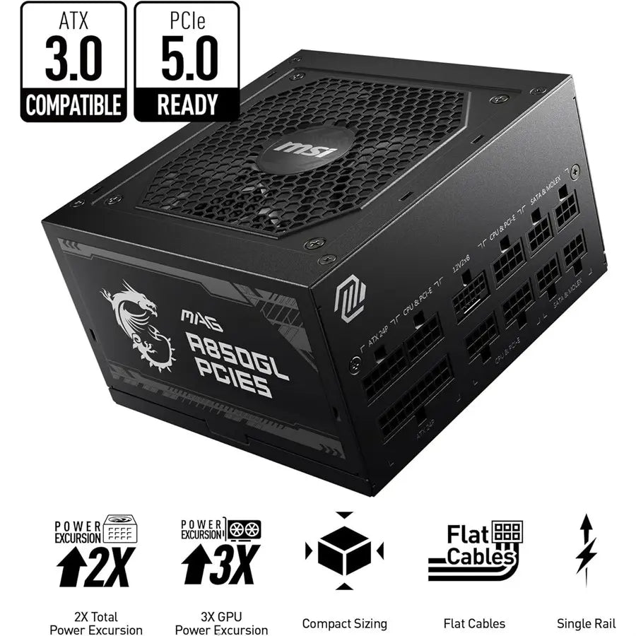 MSI MAG A850GL Gaming Power Supply, 850W, PCIe 5.1, ATX 3.1, Full Modular, 80 Plus Gold, Compact Size, Flat Cables, Black