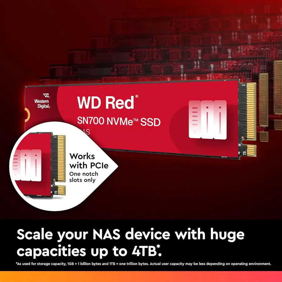 Western Digital WD Red SN700, Internal Solid State Drive, 4TB, Gen3 PCIe, M.2 2280, Up To 3,400MB/s, WDS400T1R0C