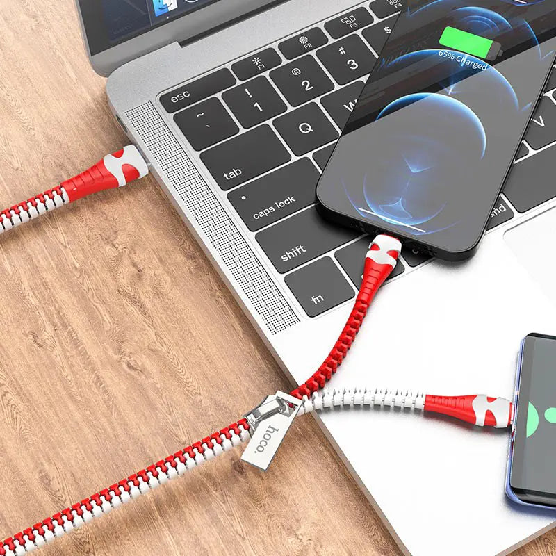 Hoco U97 Zipper Cable 2-in-1 USB to Lightning / Type-C - Red White