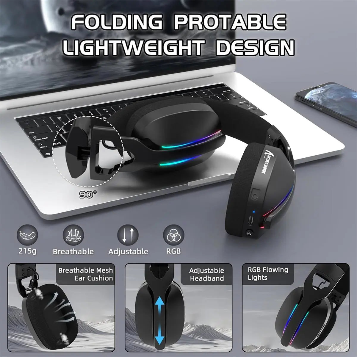Attack Shark L90 Gaming Headset, Tri-Mode Bluetooth 5.3, 2.4GHz, 3.5mm, 7.1 Surround Sound, RGB Lighting, Black