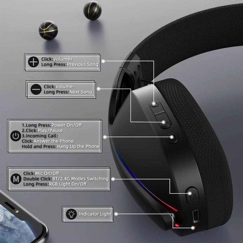 Attack Shark L90 Gaming Headset, Tri-Mode Bluetooth 5.3, 2.4GHz, 3.5mm, 7.1 Surround Sound, RGB Lighting, Black