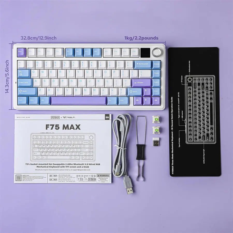 AULA F75 Max Wireless 3-in-1 Mechanical Gaming Keyboard, 81-Key, Hot Swappable, RGB, Knob and Digital Screen, NKRO, Gradient Grey
