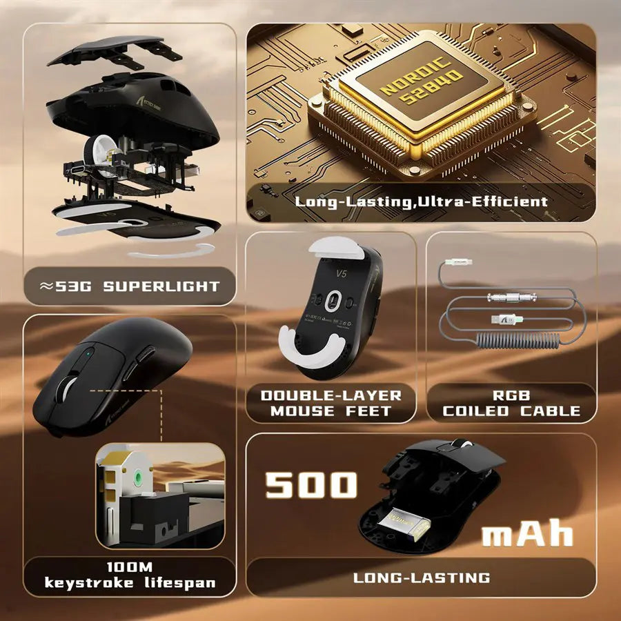 ATTACK SHARK V5 Ultra-Light Tri-Mode Gaming Mouse, 42000 DPI, 8000Hz, 53g, 500mAh, White