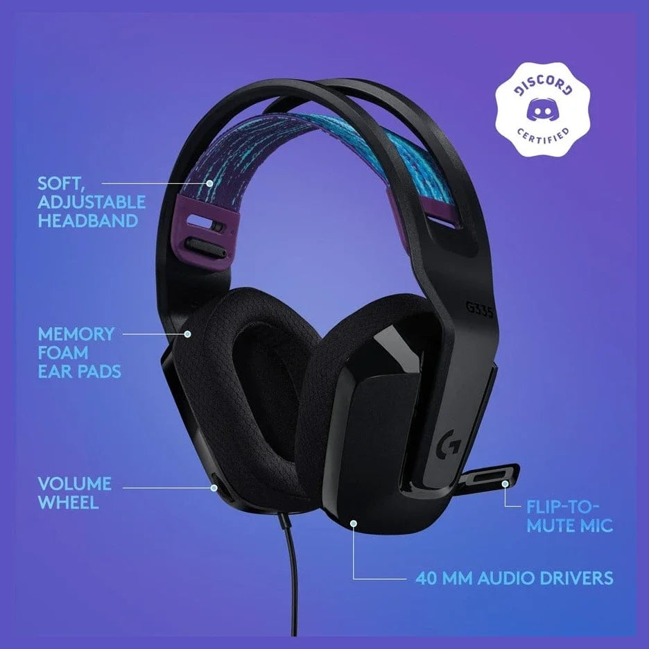 Logitech G335 Wired Gaming Headset, 3.5mm Audio Jack, 40mm Drivers, 240 Grams, Black