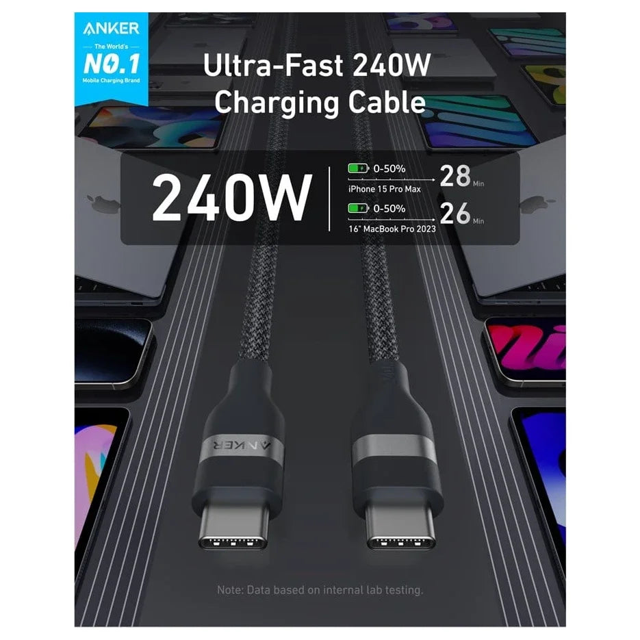 Anker USB-C to USB-C Cable, 240W, 0.9m, 3ft, A82E2H11, Black