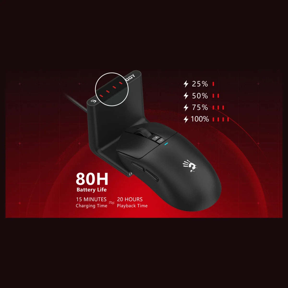 A4Tech Bloody R72 Pro Duo Dual Mode Wireless Gaming Mouse, 2.4GHz and USB Connection, 26000 CPI, 1000Hz, 1ms, Black