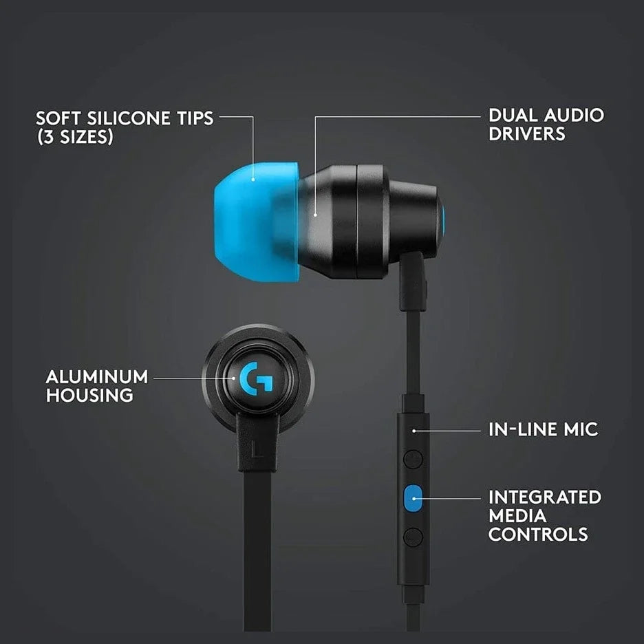 Logitech G333 Gaming Earphones, Dual Dynamic Drivers, USB-C and 3.5mm, In-Line Mic, Black