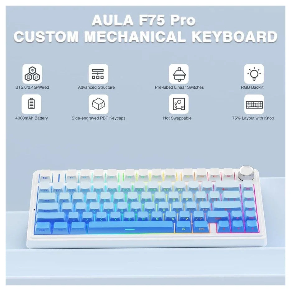 AULA F75 Pro Wireless Mechanical Keyboard, Tri-Mode, 75% 81-Key, Hot-Swap, Pre-Lubed Linear Switches, 16.8 Million RGB Backlit, Gradient Blue and White