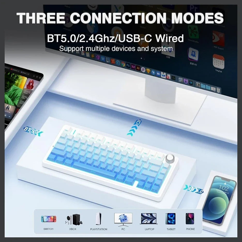 AULA F75 Pro Wireless Mechanical Keyboard, Tri-Mode, 75% 81-Key, Hot-Swap, Pre-Lubed Linear Switches, 16.8 Million RGB Backlit, Gradient Blue and White