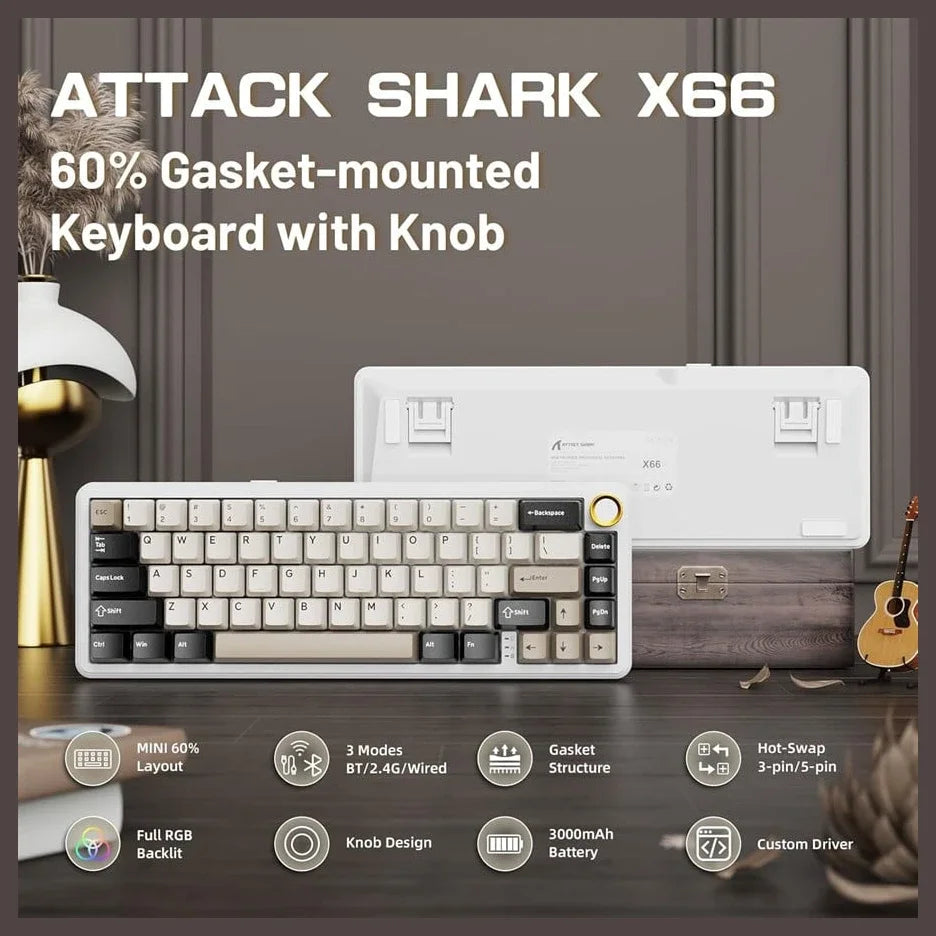 ATTACK SHARK X66 Wireless Mechanical Keyboard, 60% Layout, Hot-Swappable Strawberry Switch, Bluetooth 5.0, 2.4GHz, USB-C, 3000mAh, Cheese White