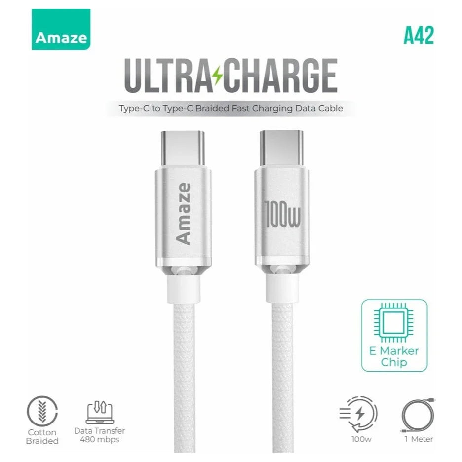 Amaze Ultra Charge Type C to Type C Cable, 100W PD, 1m, A42 Black