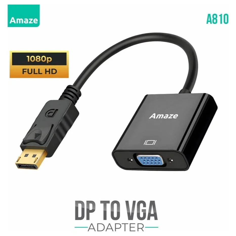 Amaze DP To VGA Adapter DisplayPort To VGA Adapter, 1080p FHD, 15cm, Black, A810
