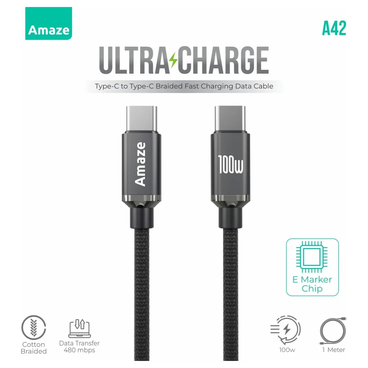 Amaze Ultra Charge Type C to Type C Cable, 100W PD, 1m, A42 Black
