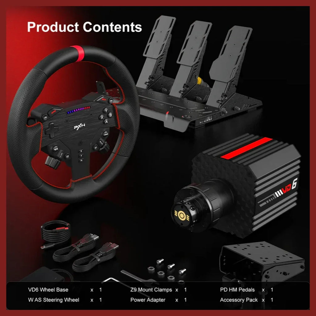 PXN VD6 Bundle PC Steering Wheel and Pedals, 6Nm Direct Drive Servo Motor Base, W AS Racing Wheel, Hall Effect 2-Pedal Set, Table Clamp