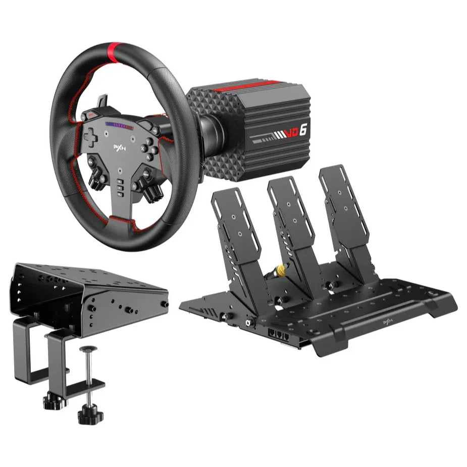 PXN VD6 Bundle PC Steering Wheel and Pedals, 6Nm Direct Drive Servo Motor Base, W AS Racing Wheel, Hall Effect 2-Pedal Set, Table Clamp