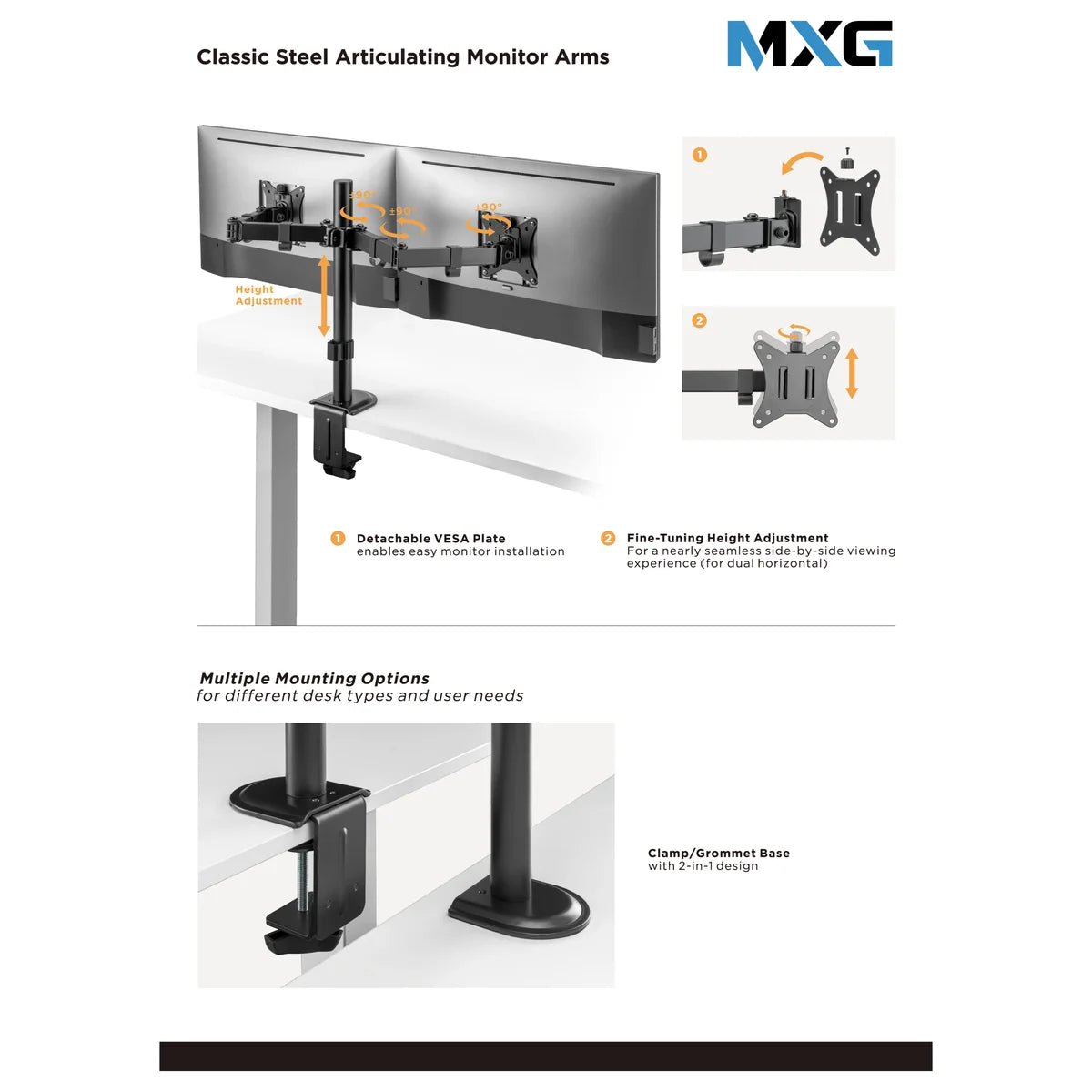 MXG BMA-24P Dual Monitor Steel Articulating Monitor Mount, Matte Black
