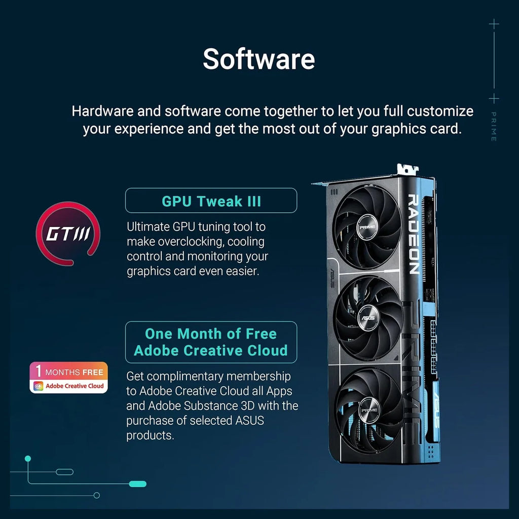 ASUS Prime Radeon RX 9070 XT OC Edition Graphics Card, 16GB GDDR6, PCI Express 5.0, HDMI 2.1b and 3x DisplayPort 2.1a, 2.5 Slot, PRIME-RX9070XT-O16G