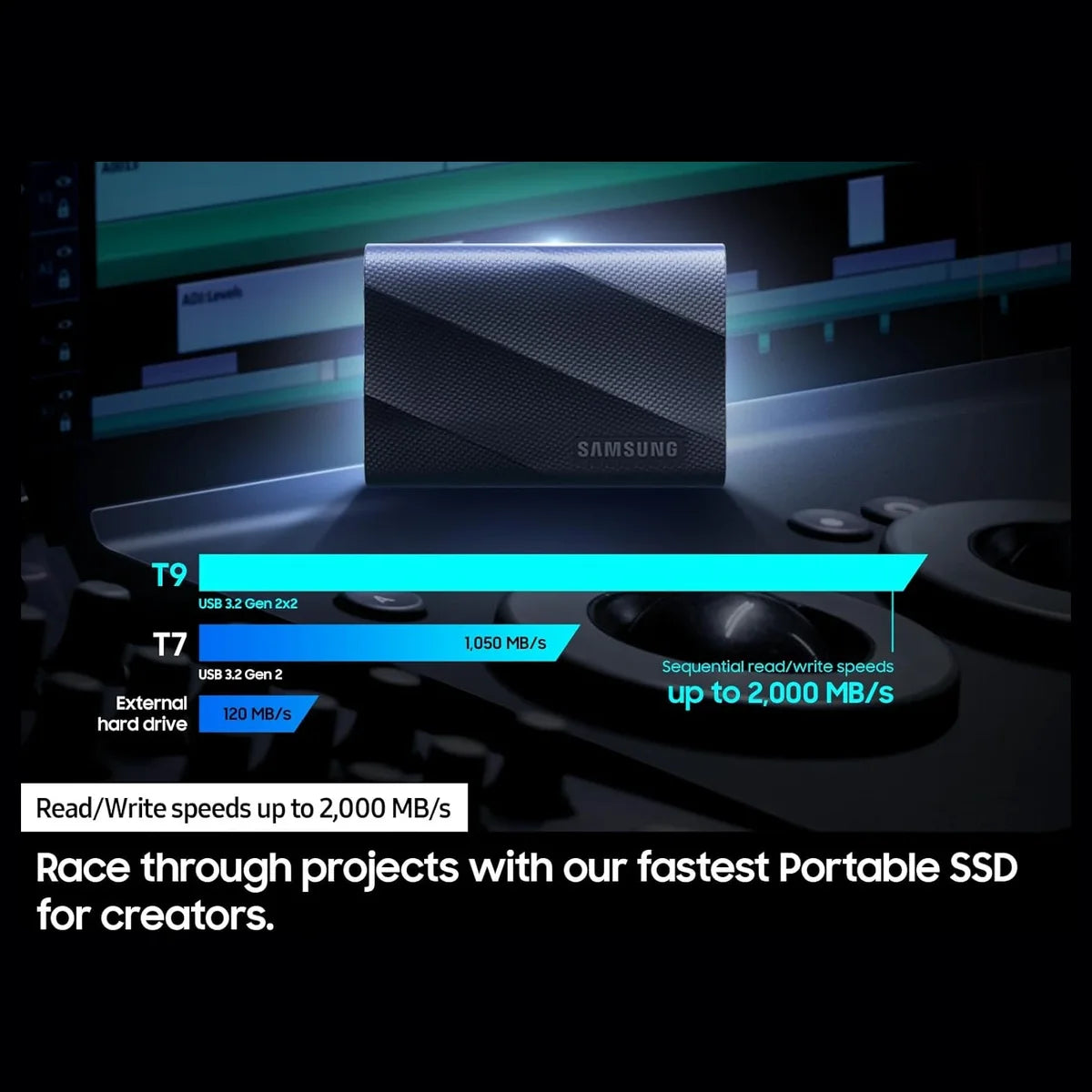 Samsung T9 Portable SSD External Solid State Drive, 2TB USB 3.2 Gen 2x2 Up To 2,000MB/s, Black MU-PG2T0B