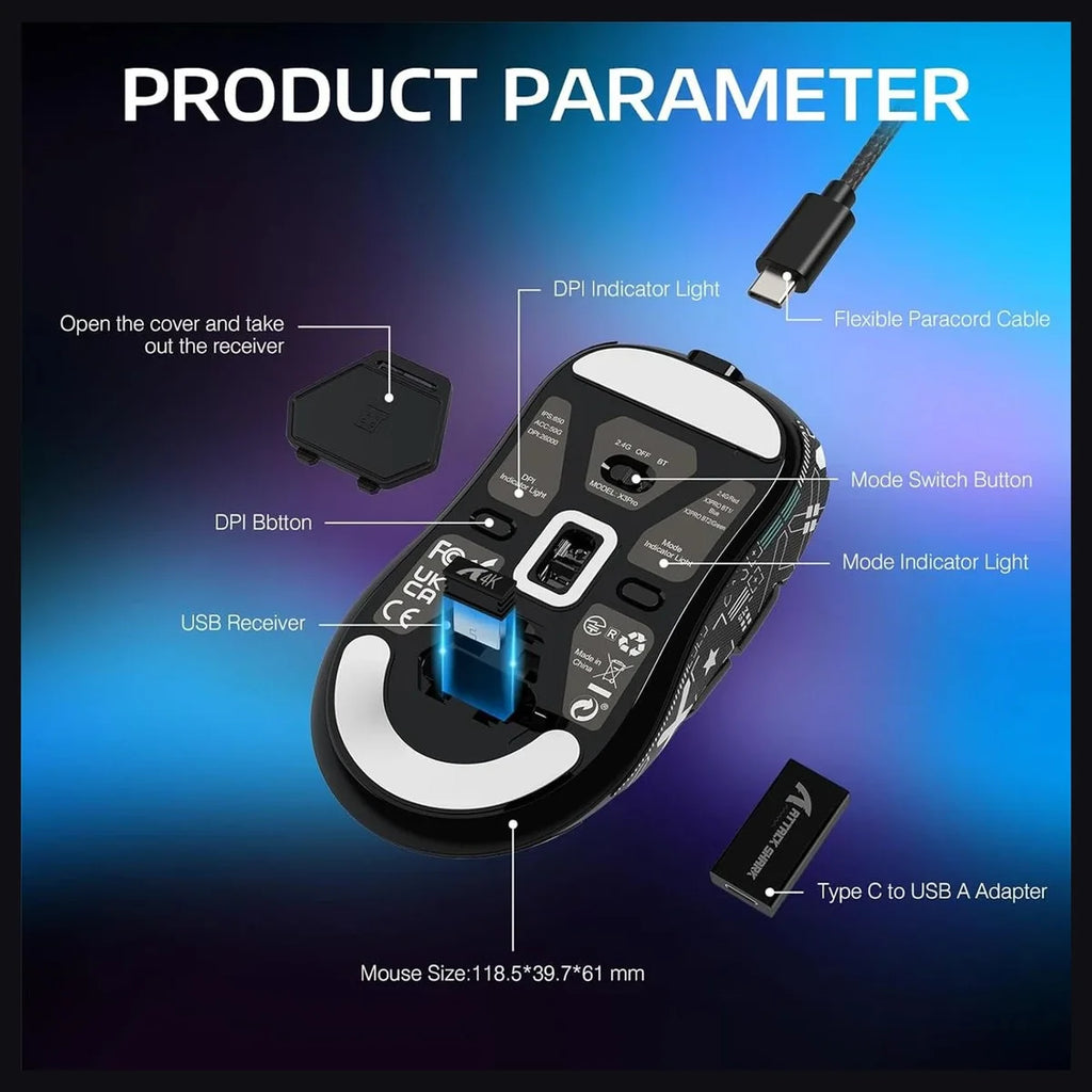 Attack Shark X3Pro Gaming Mouse, Tri-Mode Wired 2.4GHz BT, PAW3395 Optical Sensor, 26K DPI, 7 Buttons, Black with Sticker