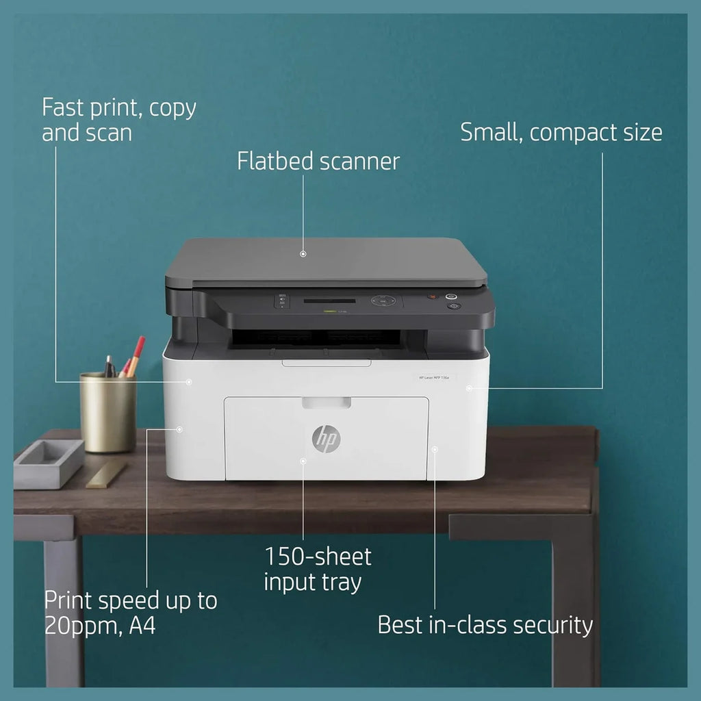 HP Laser MFP 136A Multifunction Printer, Print Copy Scan, 21ppm, 40-Sheet ADF, Ethernet Hi-Speed USB 2.0, Black and White, 4ZB85A (Official Warranty)