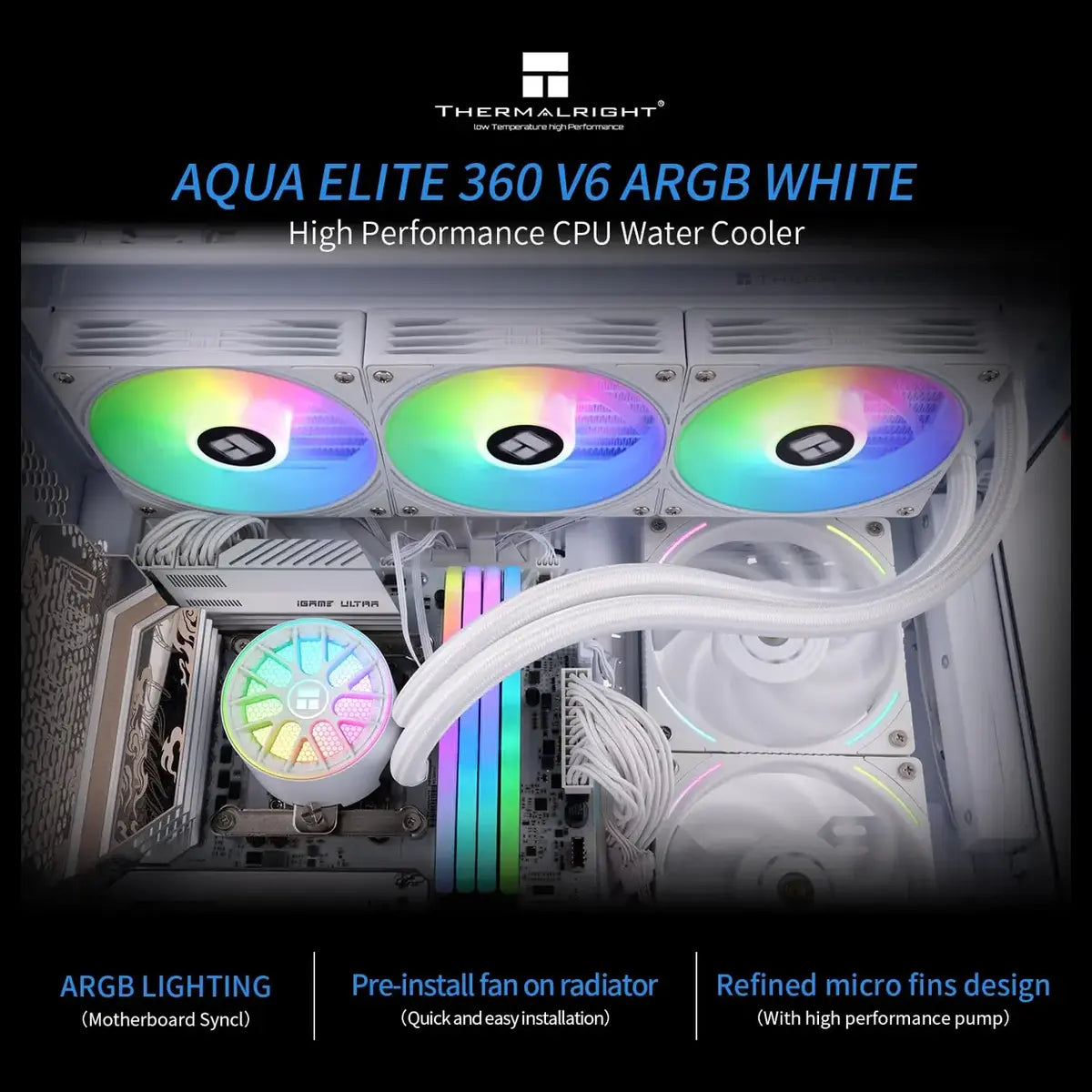 Thermalright Aqua Elite 360 V6 ARGB CPU Liquid Cooler, 360mm Radiator, 3x120mm ARGB Fans, 2800RPM Pump, White