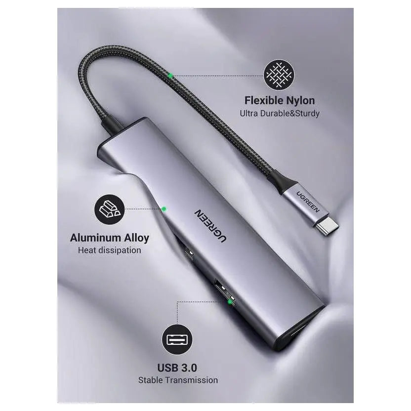 Ugreen Aluminium USB-C Hub 4 Port USB 3.0 Multiport Splitter, 5Gbps Fast Transfer, Aluminum Alloy Cooling, Flexible Nylon Cable, 20841