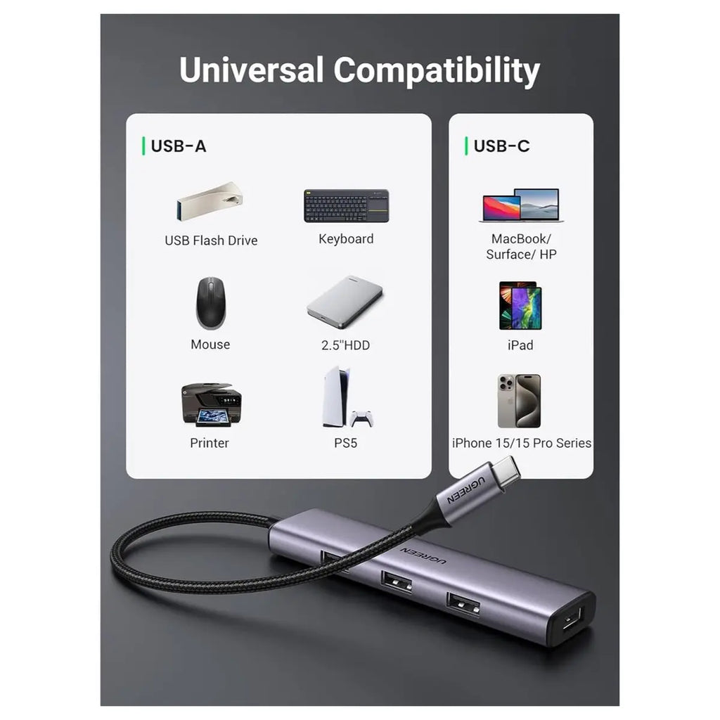Ugreen Aluminium USB-C Hub 4 Port USB 3.0 Multiport Splitter, 5Gbps Fast Transfer, Aluminum Alloy Cooling, Flexible Nylon Cable, 20841