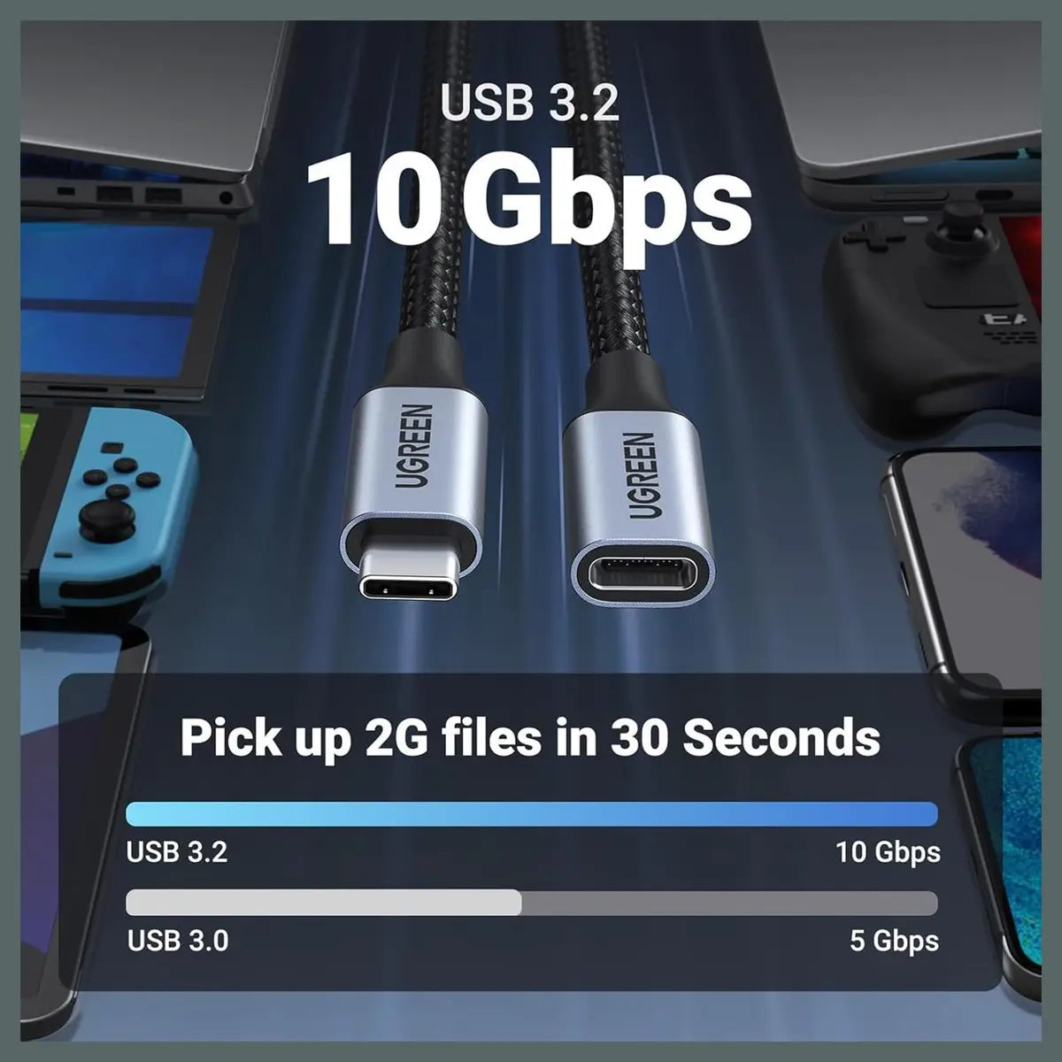 Ugreen USB-C Extension Cable USB C 3.2 Extender 0.5M 10Gbps 100W, 4K Video and Audio Output, Nylon, 80810