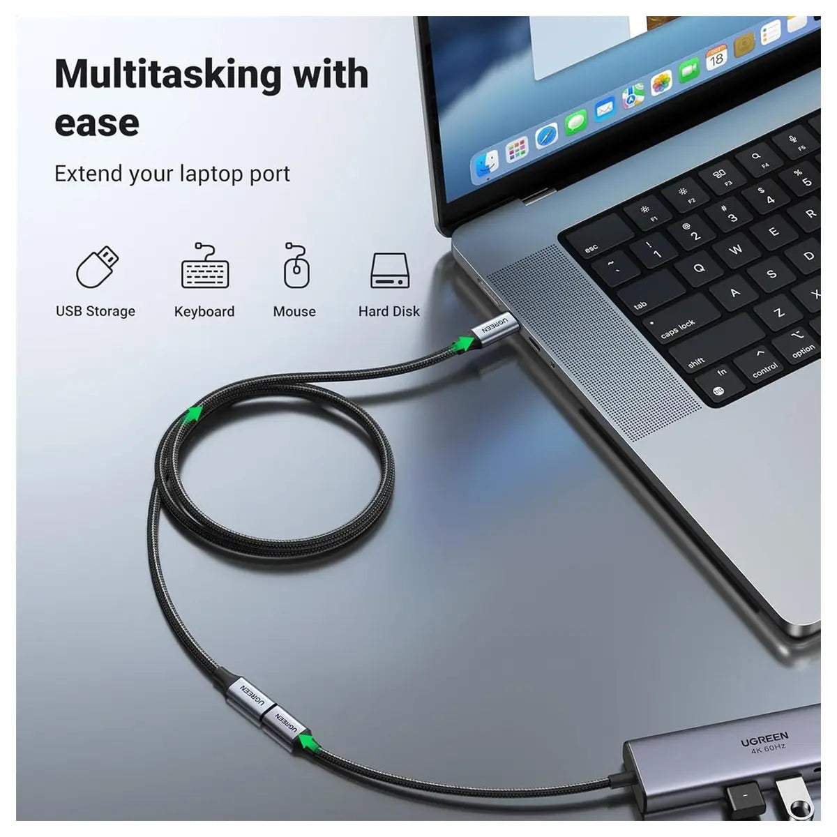 Ugreen USB-C Extension Cable USB C 3.2 Extender 0.5M 10Gbps 100W, 4K Video and Audio Output, Nylon, 80810