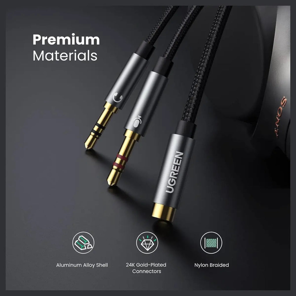 Ugreen Headphone Splitter, 3.5mm Female to 2 Dual 3.5mm Male Braided Audio Splitter Cable Microphone Stereo Jack Adapter Black 20899