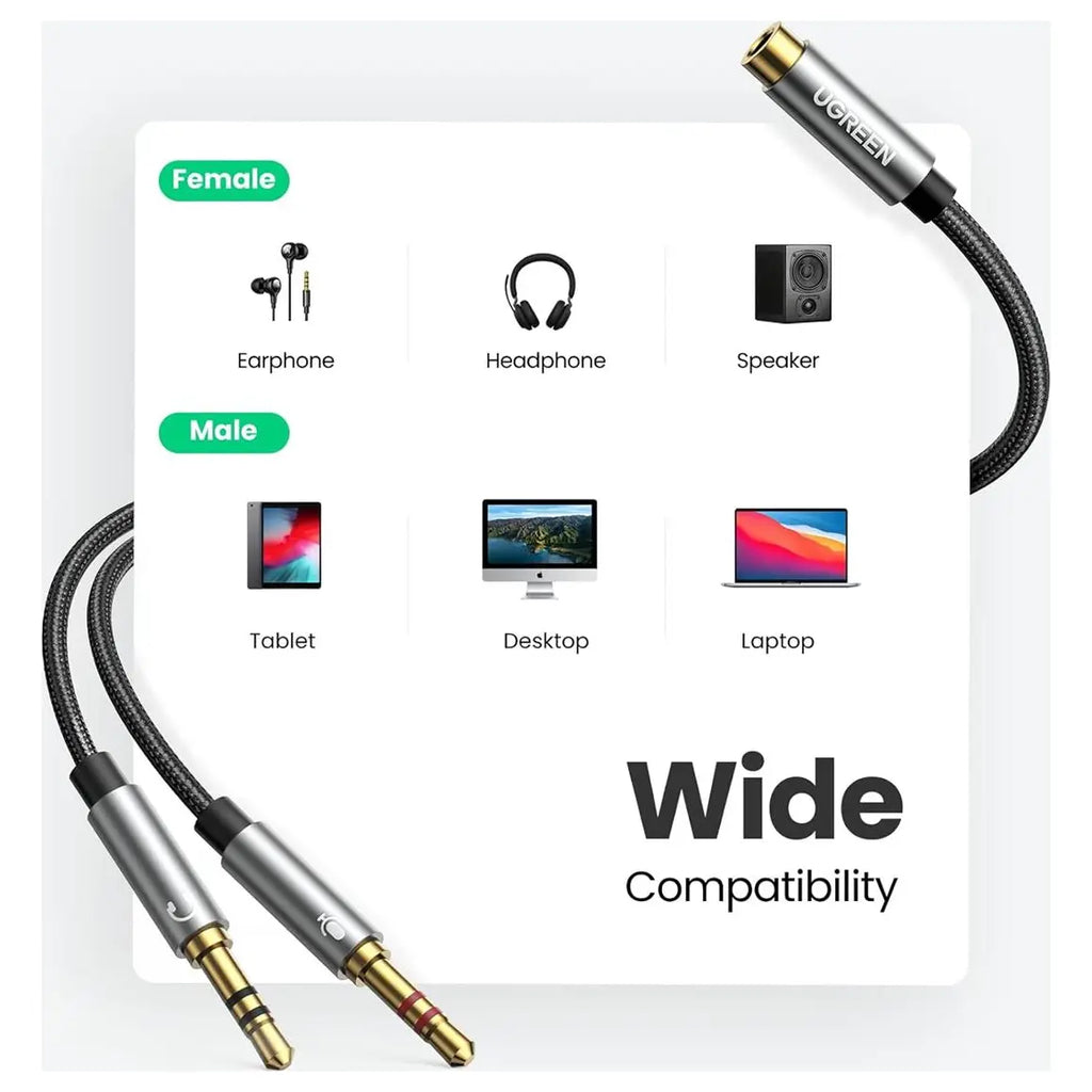 Ugreen Headphone Splitter, 3.5mm Female to 2 Dual 3.5mm Male Braided Audio Splitter Cable Microphone Stereo Jack Adapter Black 20899